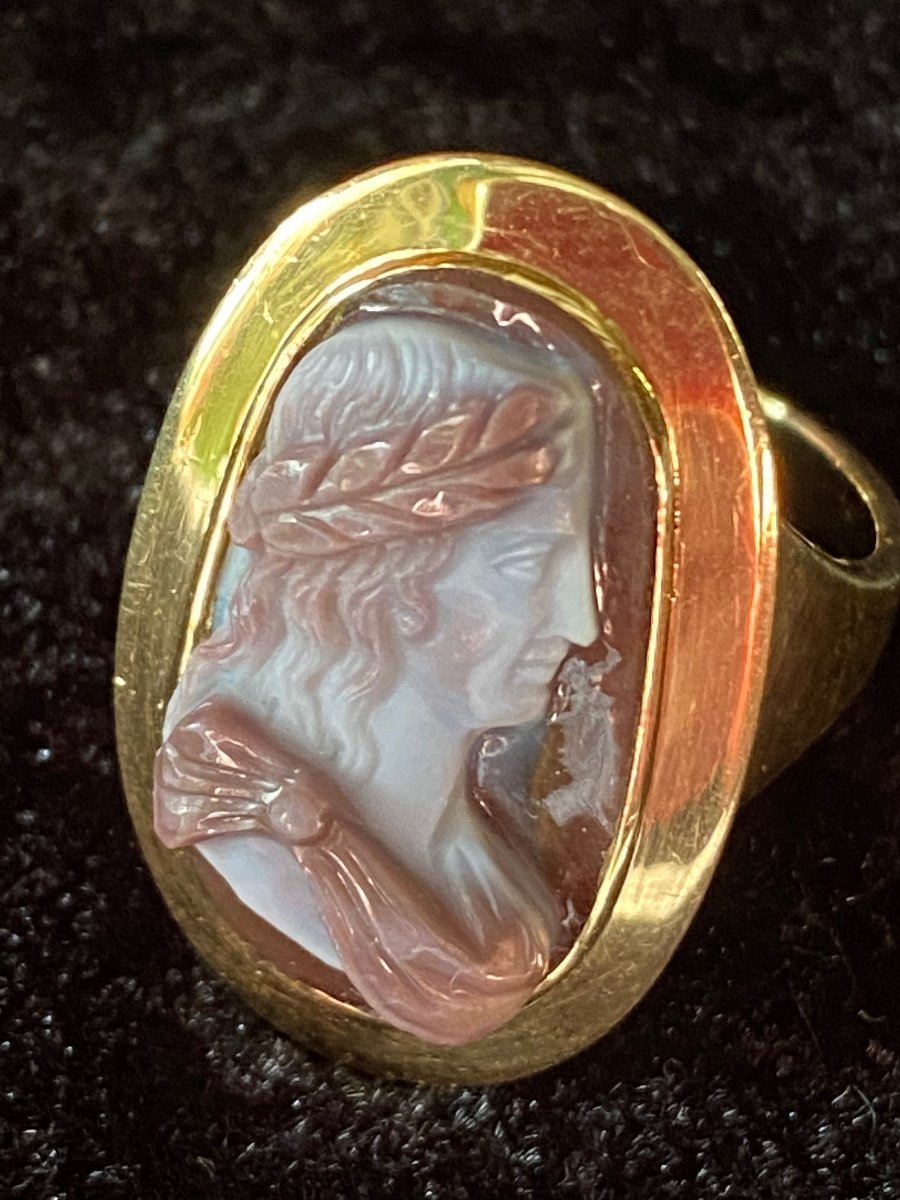 Bague Au Camée En Agate : Empereur à La Couronne De Laurier XIX Eme Siècle -photo-5