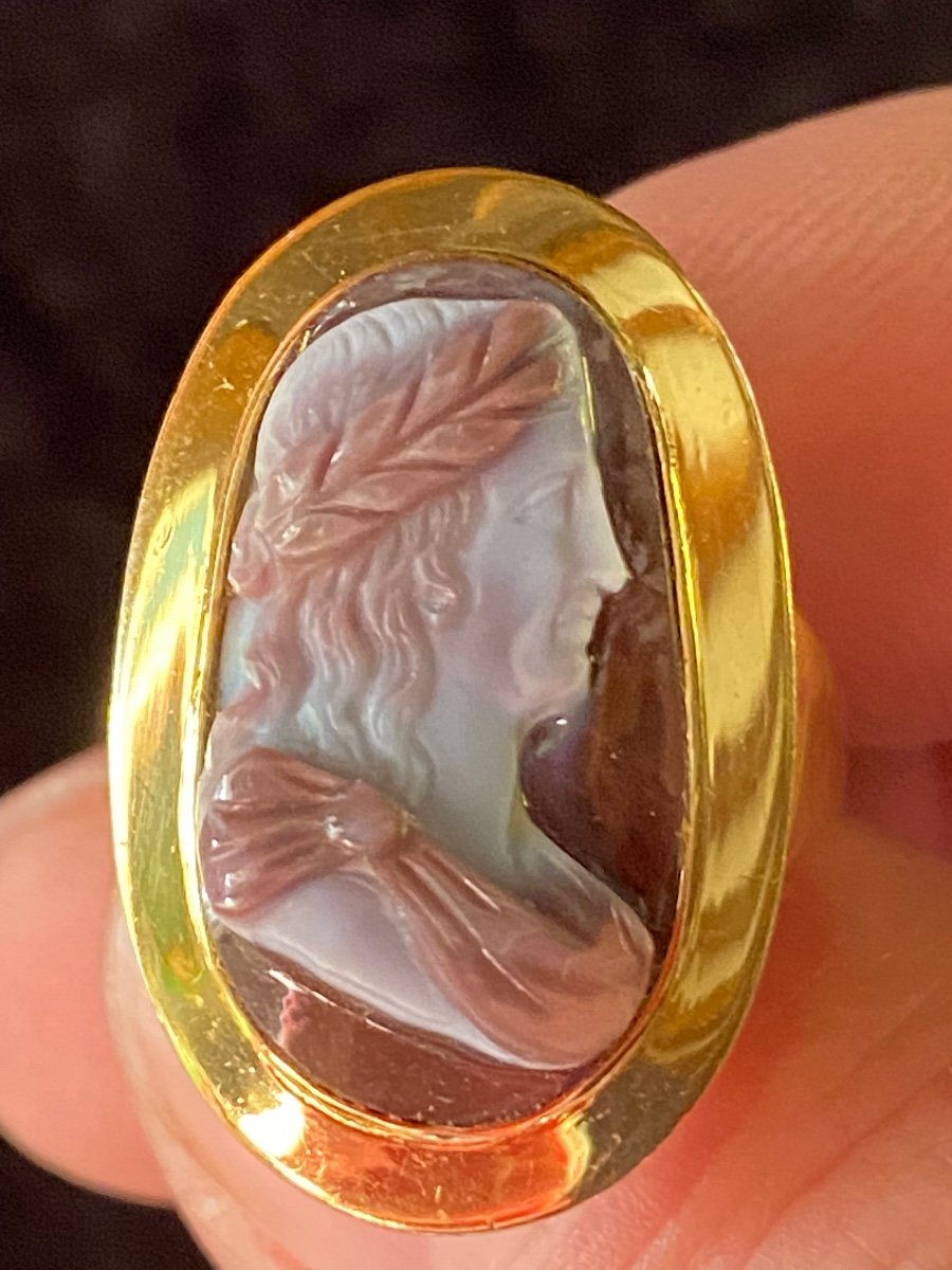 Bague Au Camée En Agate : Empereur à La Couronne De Laurier XIX Eme Siècle -photo-7