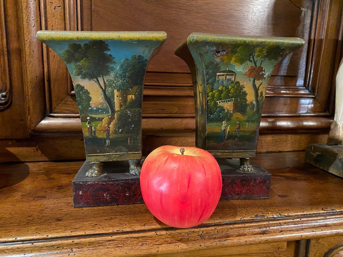 Paire De Mini Vases Romantiques En Tôle Peinte Du XIX Eme Siècle -photo-2