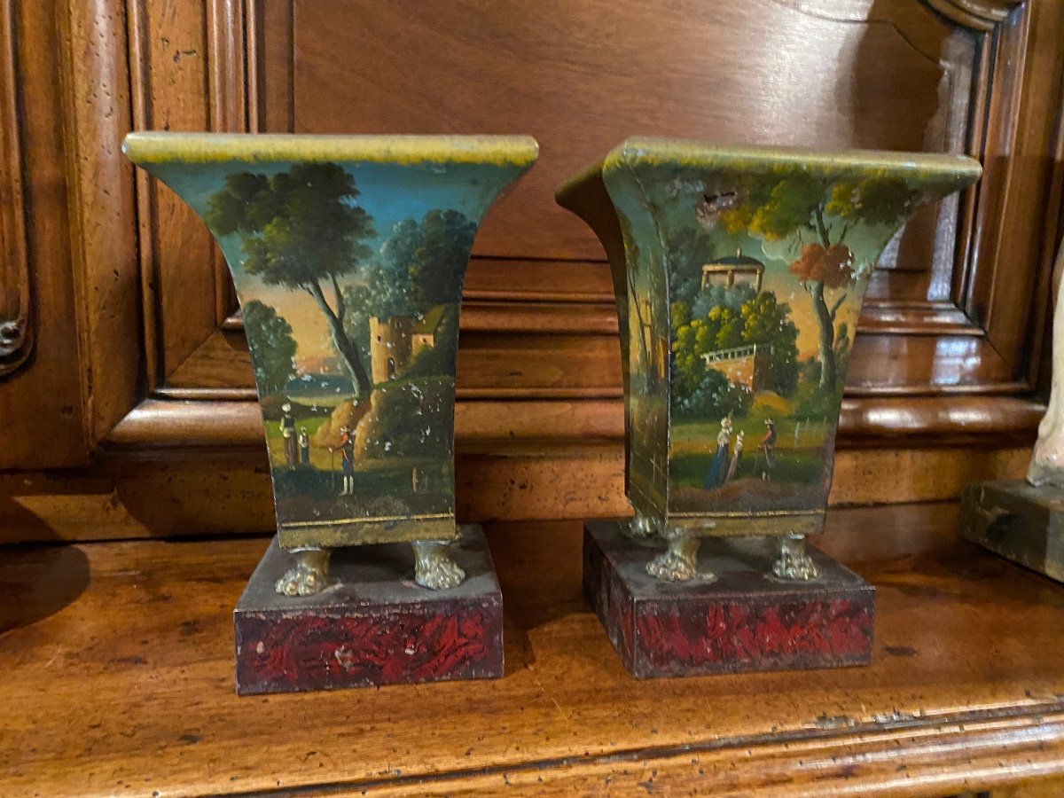 Paire De Mini Vases Romantiques En Tôle Peinte Du XIX Eme Siècle -photo-1