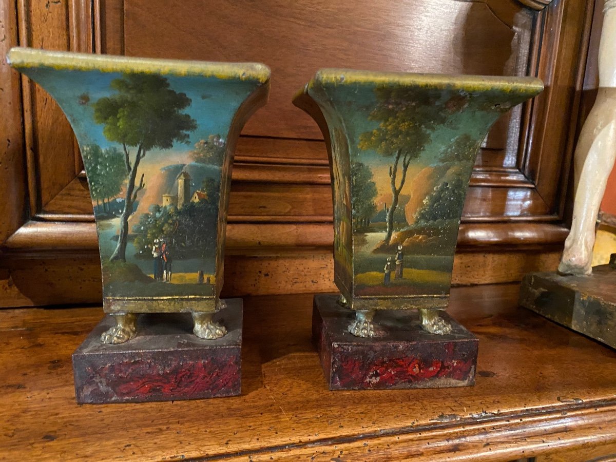 Paire De Mini Vases Romantiques En Tôle Peinte Du XIX Eme Siècle -photo-3