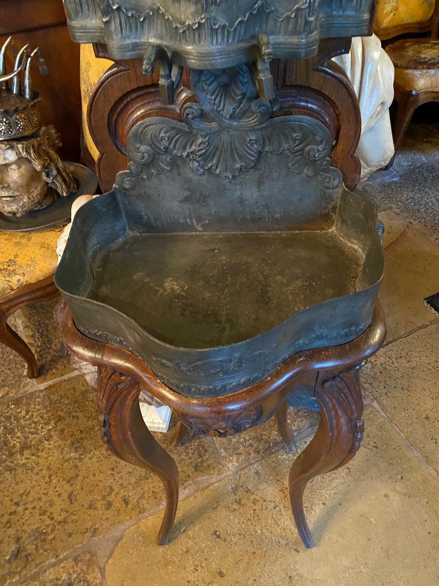 Superb Fountain In Chiselled Pewter On Its Louis XV Style Oak Cabinet-photo-5