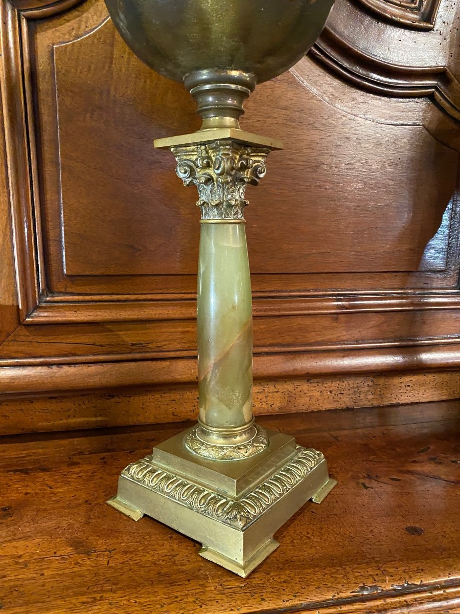 Très Grande Lampe à Pétrole, Onyx, Bronze Et Verre émaillé Fin Du XIX Eme Siècle -photo-3