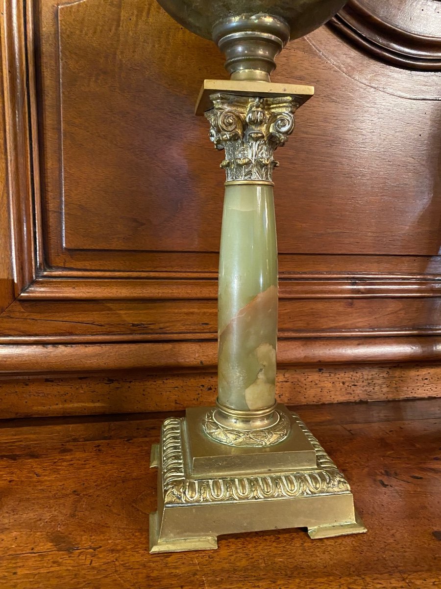 Très Grande Lampe à Pétrole, Onyx, Bronze Et Verre émaillé Fin Du XIX Eme Siècle -photo-2