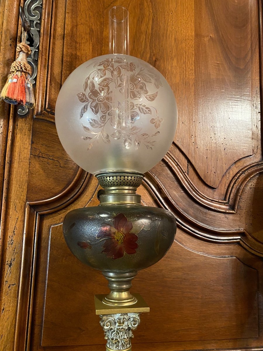 Très Grande Lampe à Pétrole, Onyx, Bronze Et Verre émaillé Fin Du XIX Eme Siècle -photo-6