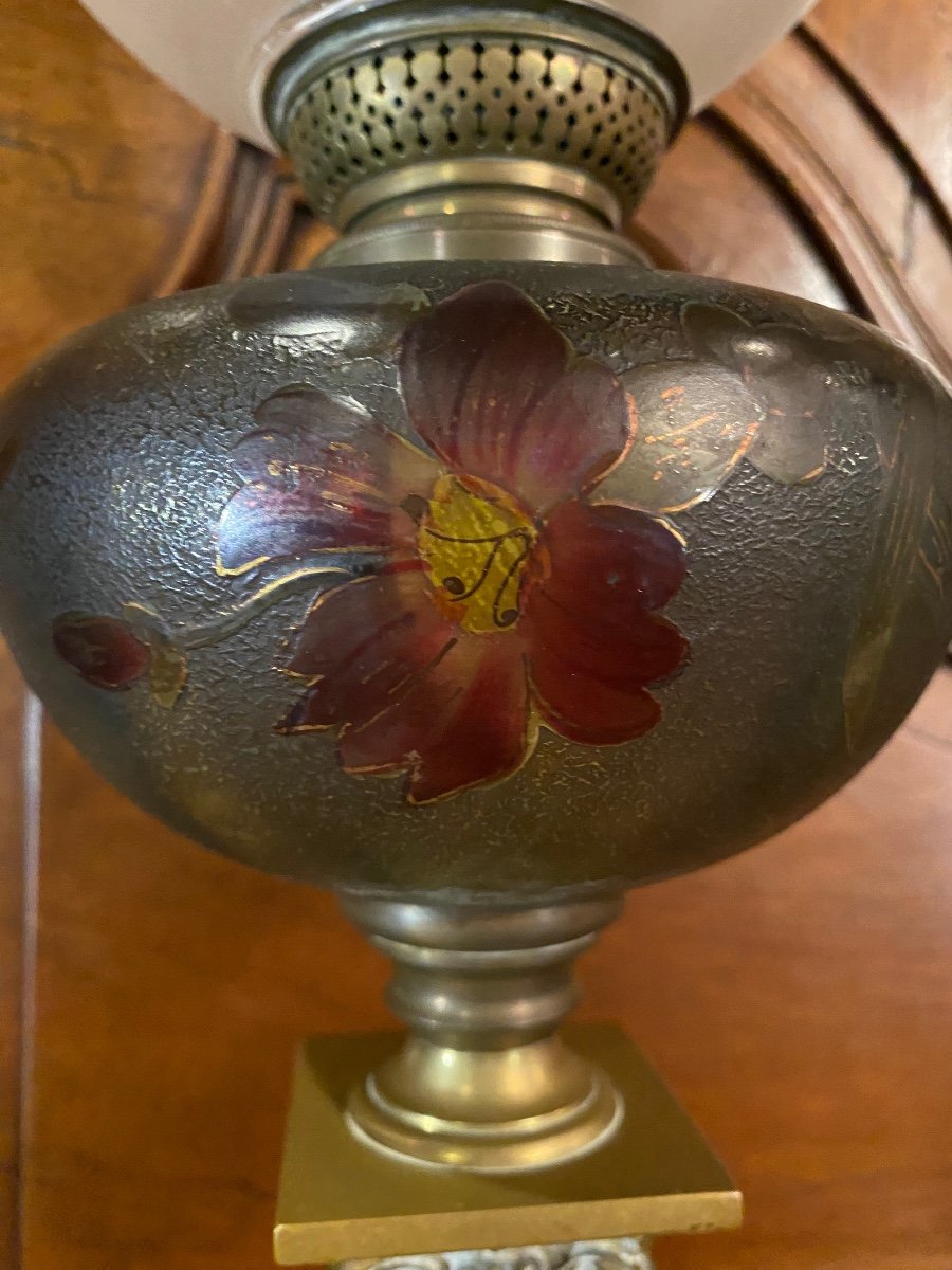 Très Grande Lampe à Pétrole, Onyx, Bronze Et Verre émaillé Fin Du XIX Eme Siècle -photo-8