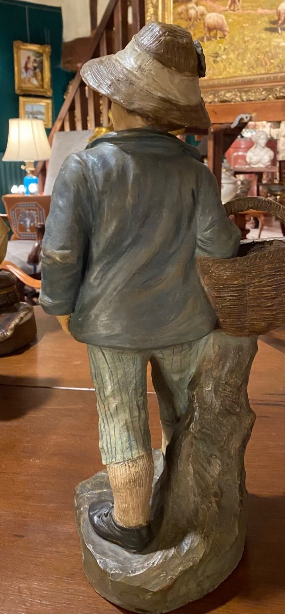 Polychrome Terracotta: Young Boy With Basket, Beginning Of The XX Eme Century In The Spirit Of Goldsh-photo-2