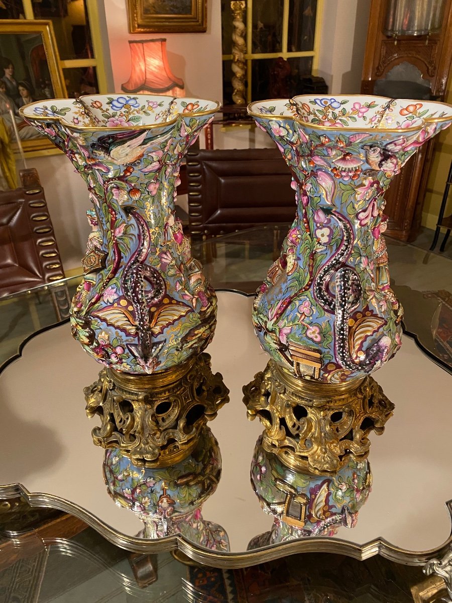 Samson, Paire De Vases Montés En Haut Relief, Fin Du XIX Eme Siècle 