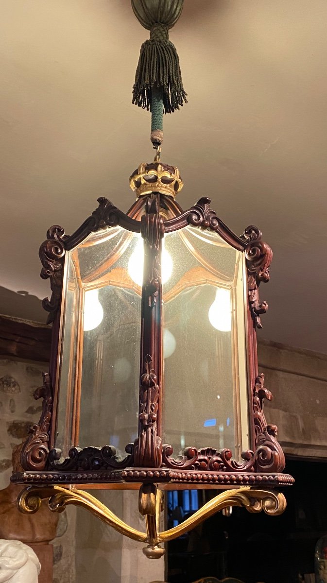 Large Neo Baroque Hexagonal Lantern In Carved Wood "-photo-3