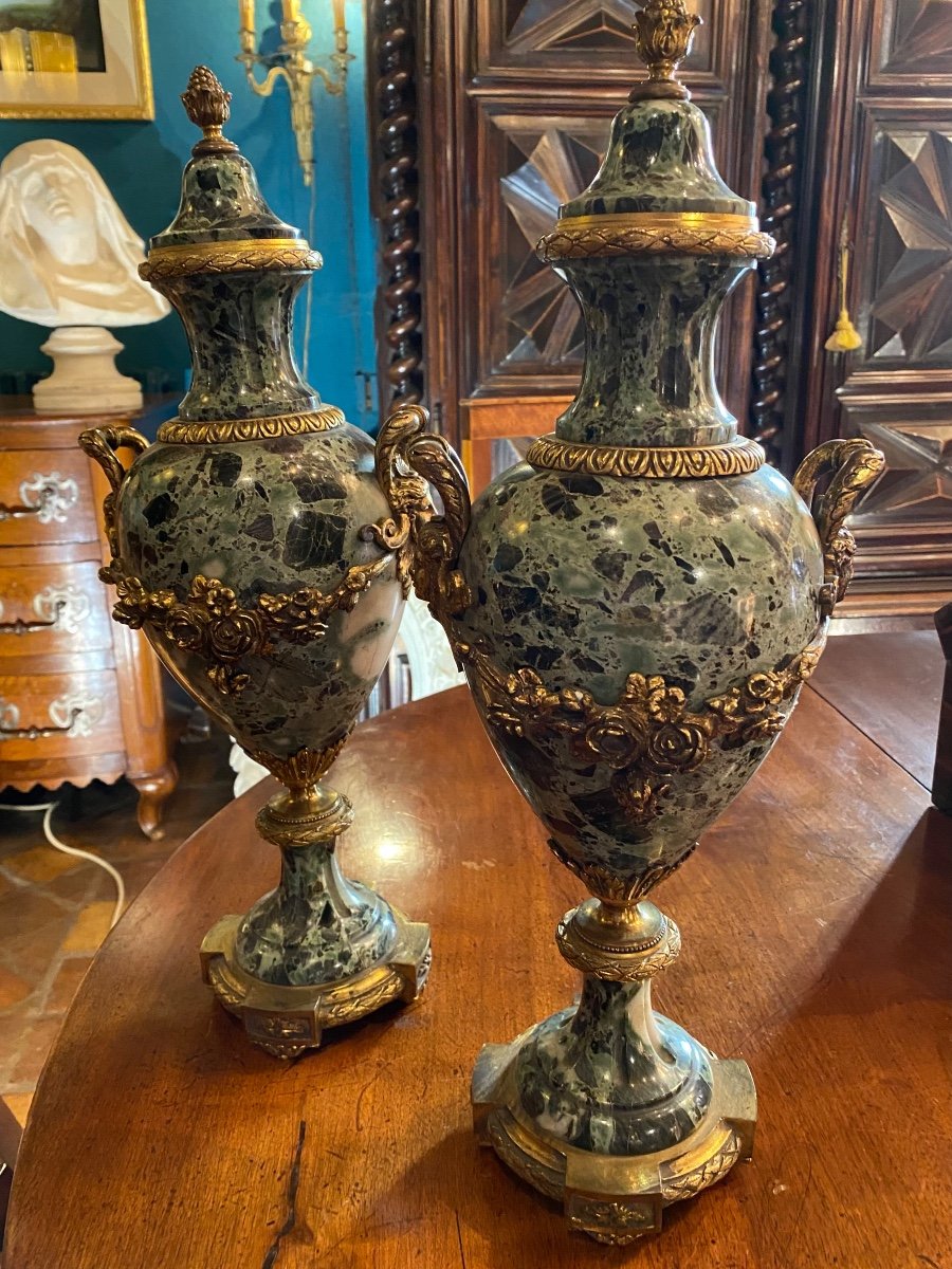 Grande Paire De Vases Montés En Marbre Vert De Mer , Napoléon III -photo-2