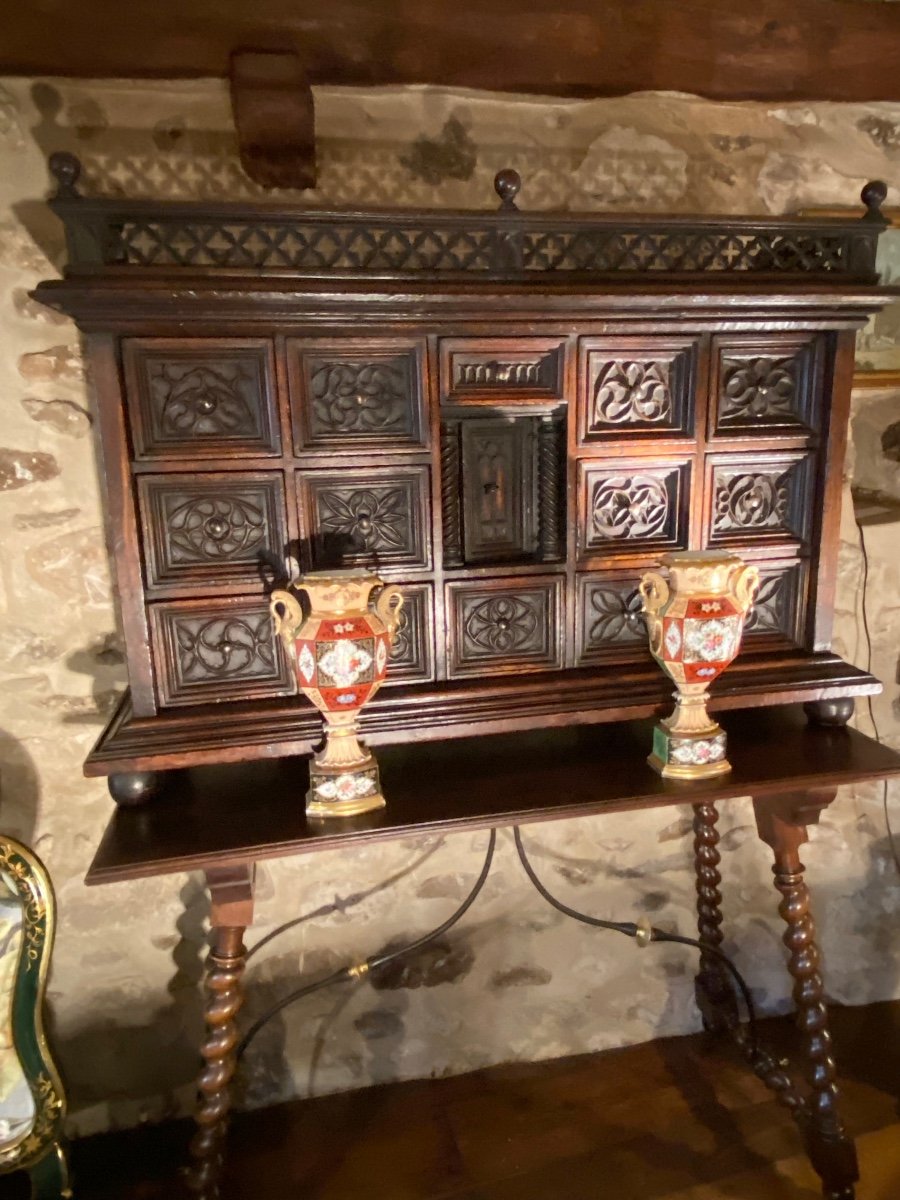 Surprising Gothic Style Walnut Cabinet, 19th Century Resting On Its Walnut Console Table.-photo-3