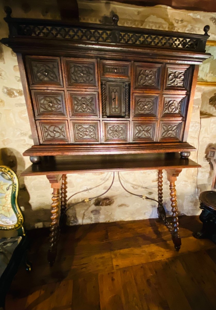 Surprising Gothic Style Walnut Cabinet, 19th Century Resting On Its Walnut Console Table.-photo-4