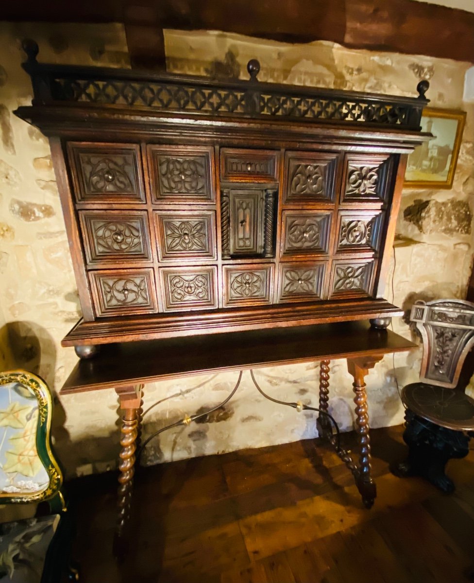Surprising Gothic Style Walnut Cabinet, 19th Century Resting On Its Walnut Console Table.-photo-1