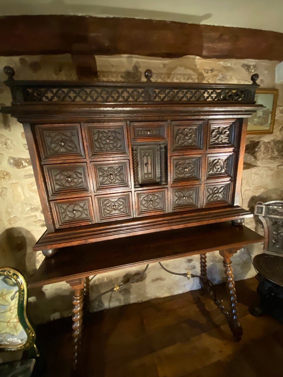 Surprising Gothic Style Walnut Cabinet, 19th Century Resting On Its Walnut Console Table.-photo-8