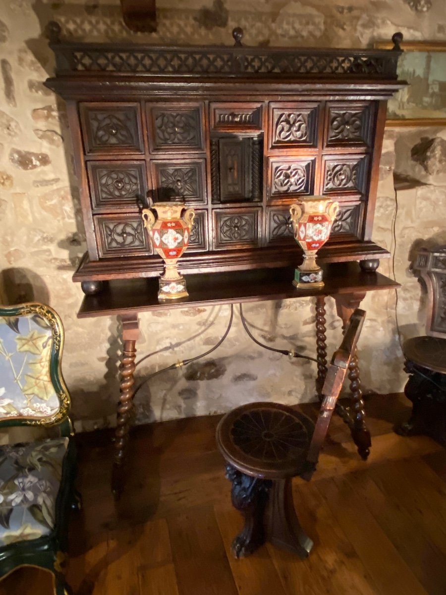 Surprising Gothic Style Walnut Cabinet, 19th Century Resting On Its Walnut Console Table.