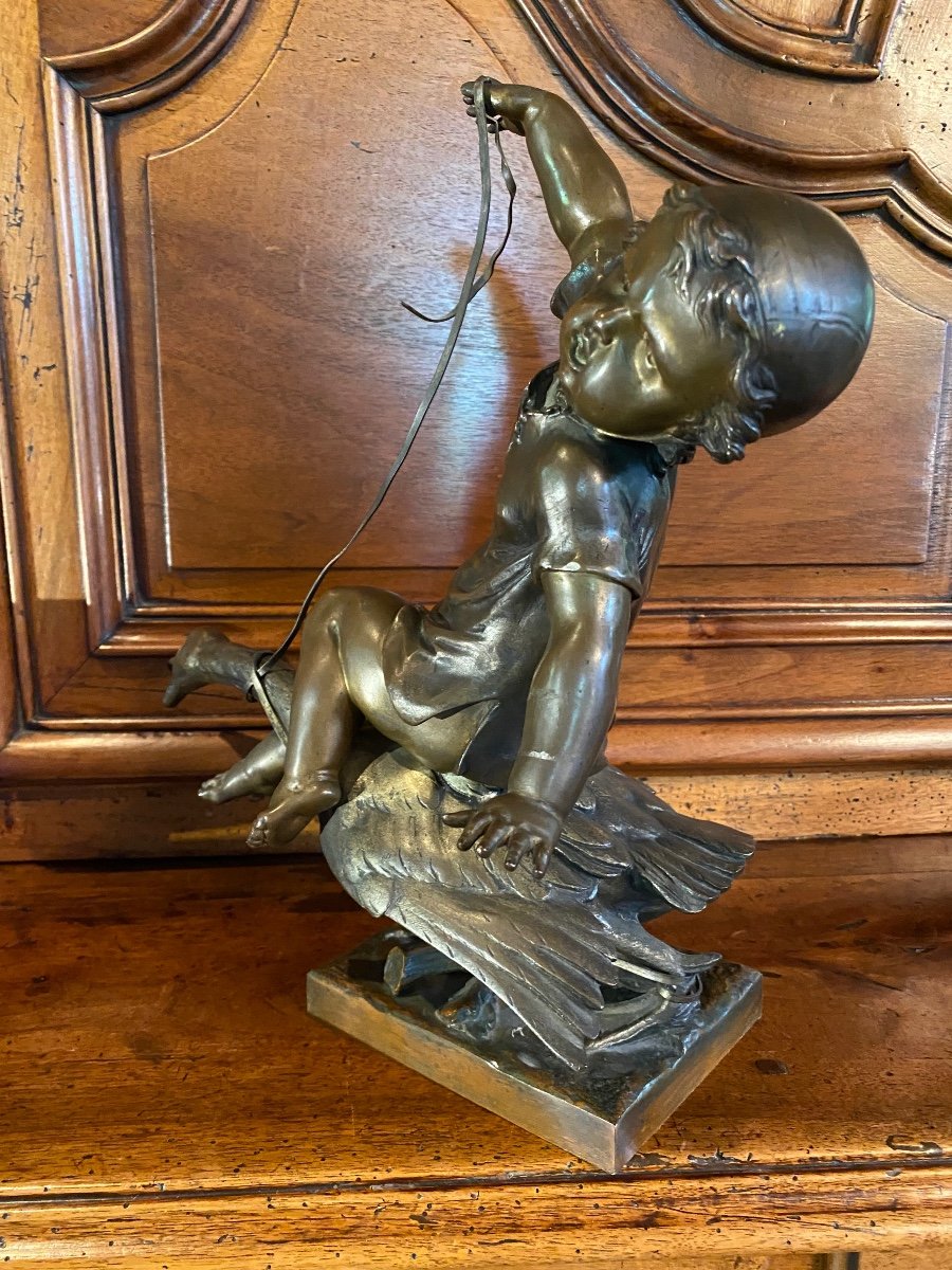 The Little Goose Babysitter, XIX Eme Century Bronze Signed Dinée-photo-1