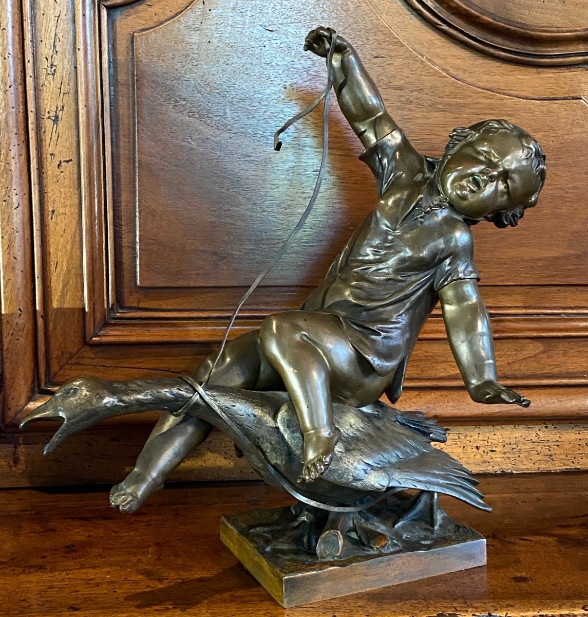 The Little Goose Babysitter, XIX Eme Century Bronze Signed Dinée