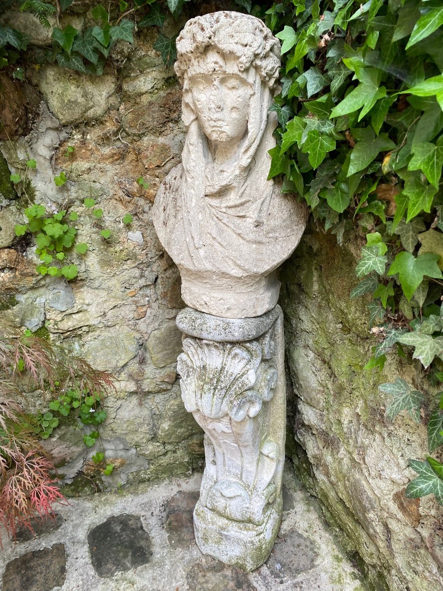 Buste En Pierre, Femme Couronnée De Chêne, Fin Du XVIII Eme Siècle -photo-2