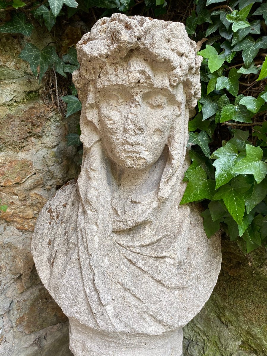 Buste En Pierre, Femme Couronnée De Chêne, Fin Du XVIII Eme Siècle -photo-8