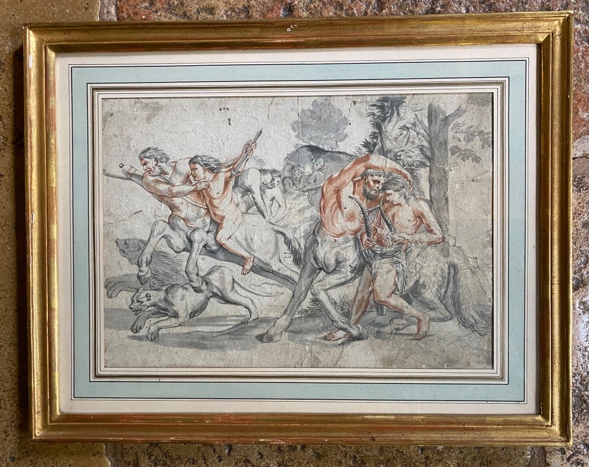 The Education Of Achilles By The Centaur Chiron, Beautiful Drawing From The XVIII Eme Century In Mixed Technique-photo-2