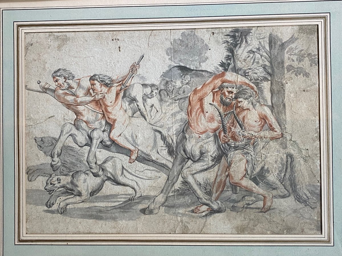 L’éducation D’achille Par Le Centaure Chiron, Beau Dessin Du XVIII Eme Siècle En Technique Mixt-photo-3