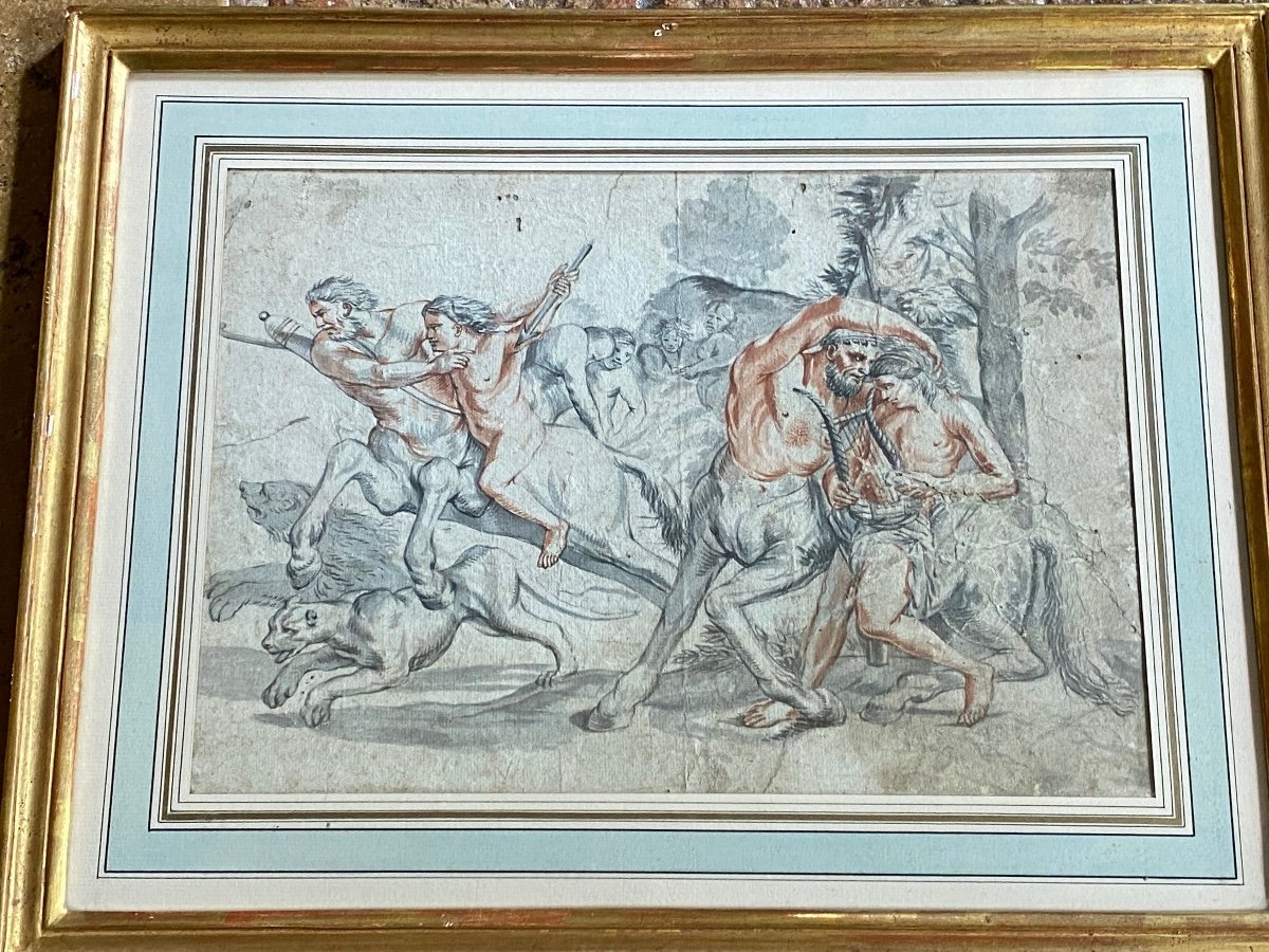 The Education Of Achilles By The Centaur Chiron, Beautiful Drawing From The XVIII Eme Century In Mixed Technique-photo-3