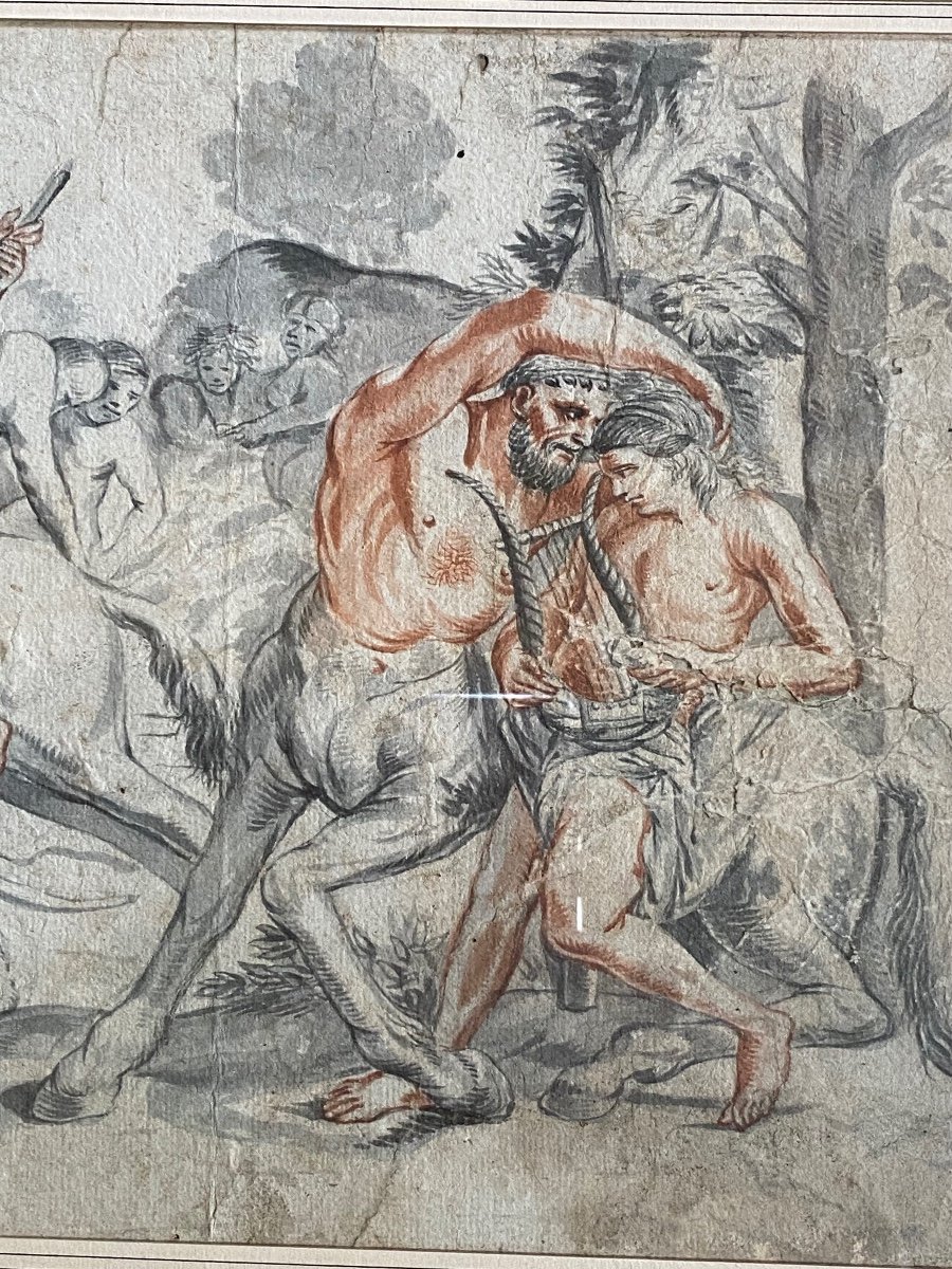 The Education Of Achilles By The Centaur Chiron, Beautiful Drawing From The XVIII Eme Century In Mixed Technique-photo-5