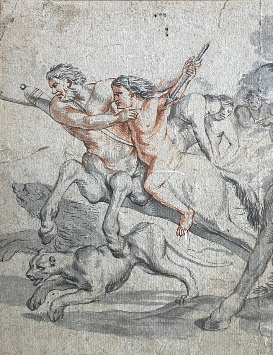 The Education Of Achilles By The Centaur Chiron, Beautiful Drawing From The XVIII Eme Century In Mixed Technique-photo-6