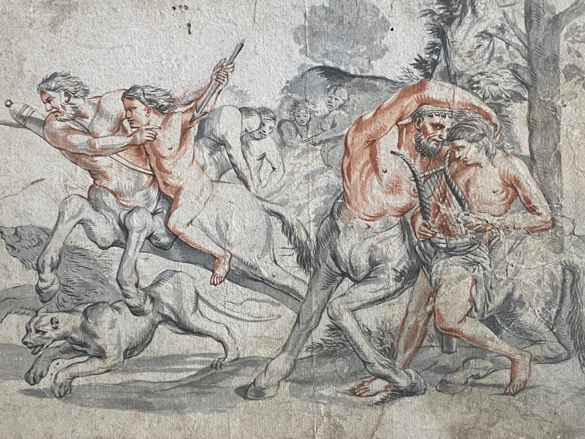 The Education Of Achilles By The Centaur Chiron, Beautiful Drawing From The XVIII Eme Century In Mixed Technique