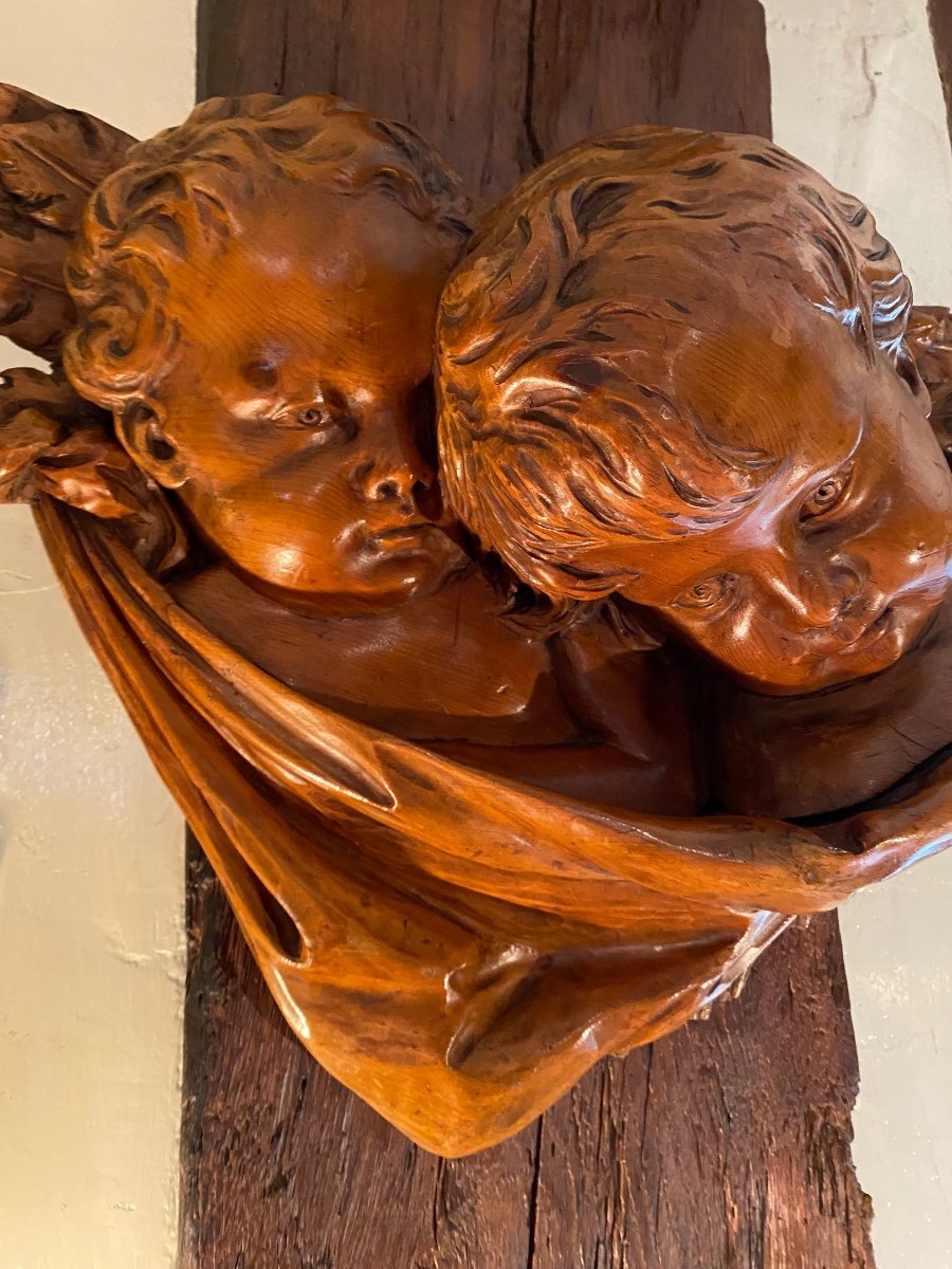 Paire D’anges Sculptés Enlacés, XIX Eme Siècle -photo-2