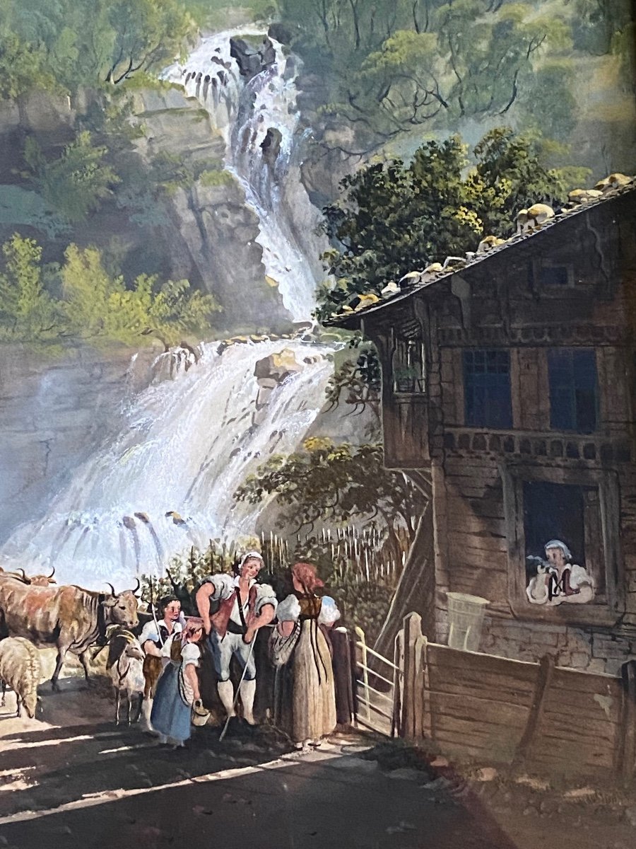 Large Pair Of Italian Gouaches, Animated Swiss Landscapes-photo-8