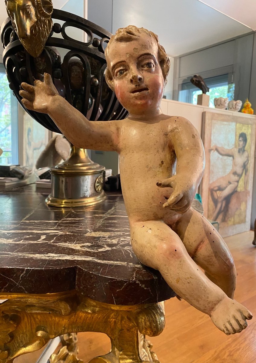 Superbe Paire De Putti En Bois Polychrome Du XVII Eme Siècle -photo-3