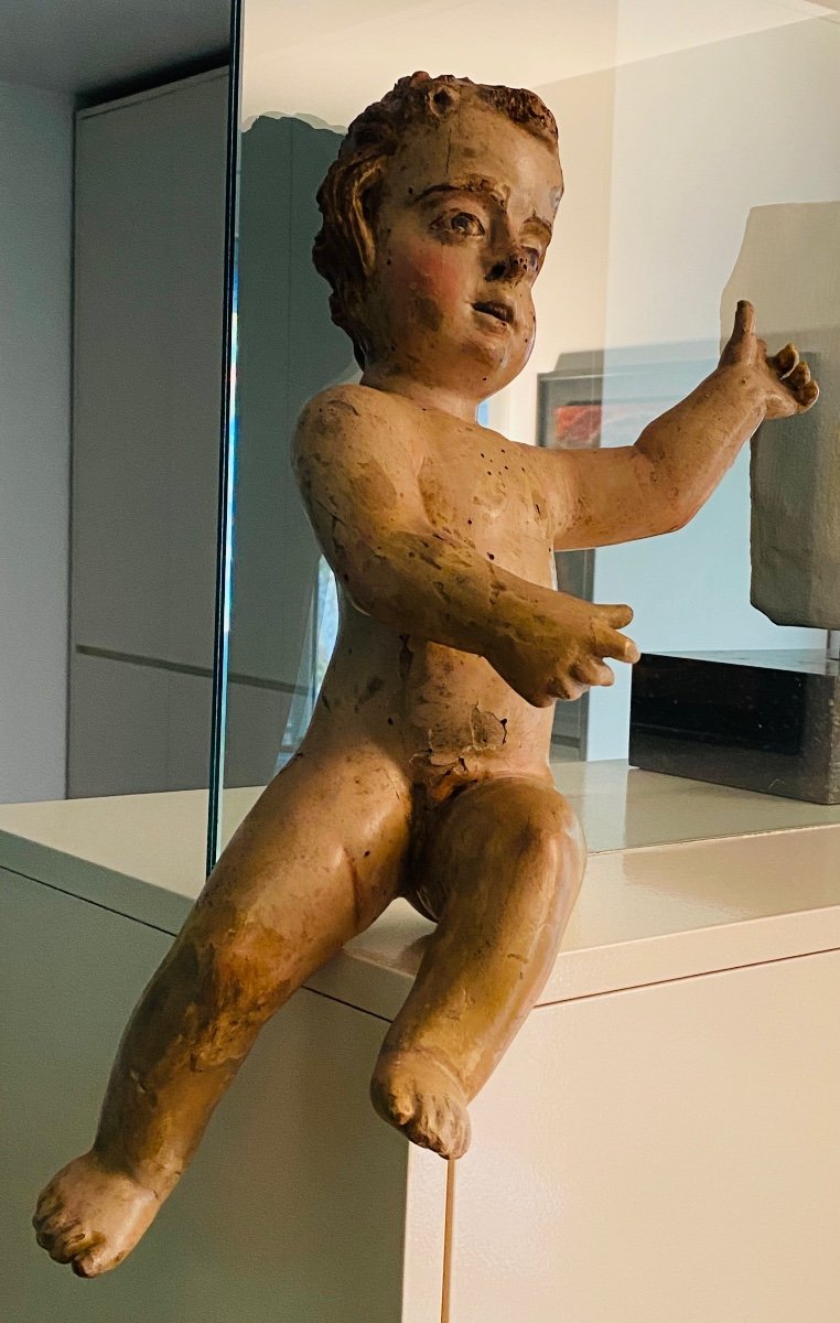 Superbe Paire De Putti En Bois Polychrome Du XVII Eme Siècle -photo-6