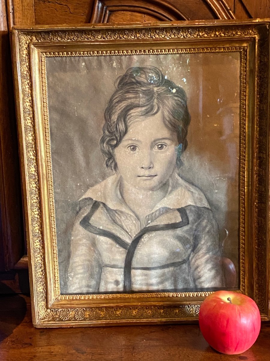 Portrait D’enfant Au Fusain D’époque Restauration -photo-4