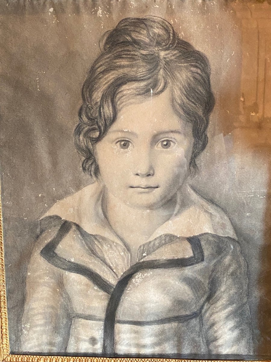 Portrait D’enfant Au Fusain D’époque Restauration -photo-1