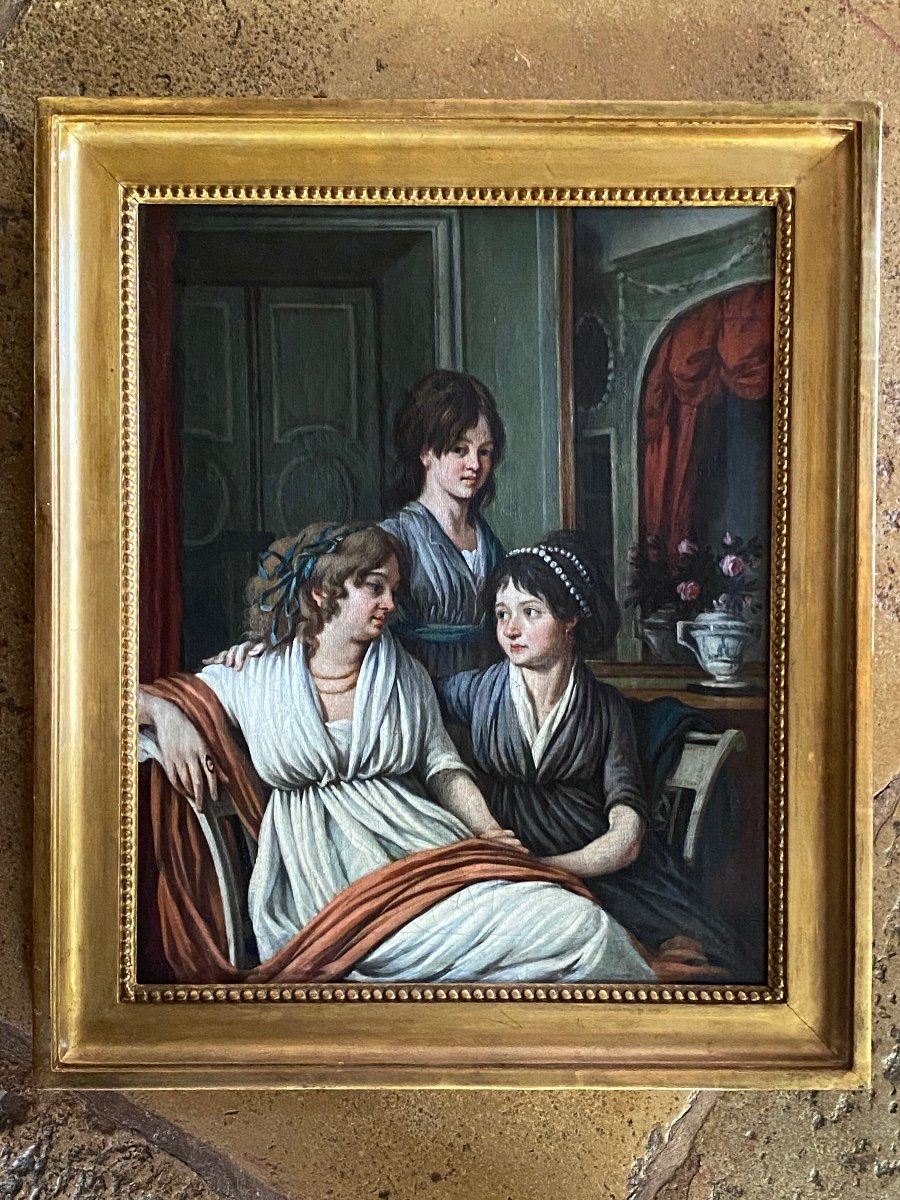 Trois Femmes En Famille, Portrait D’époque Directoire 