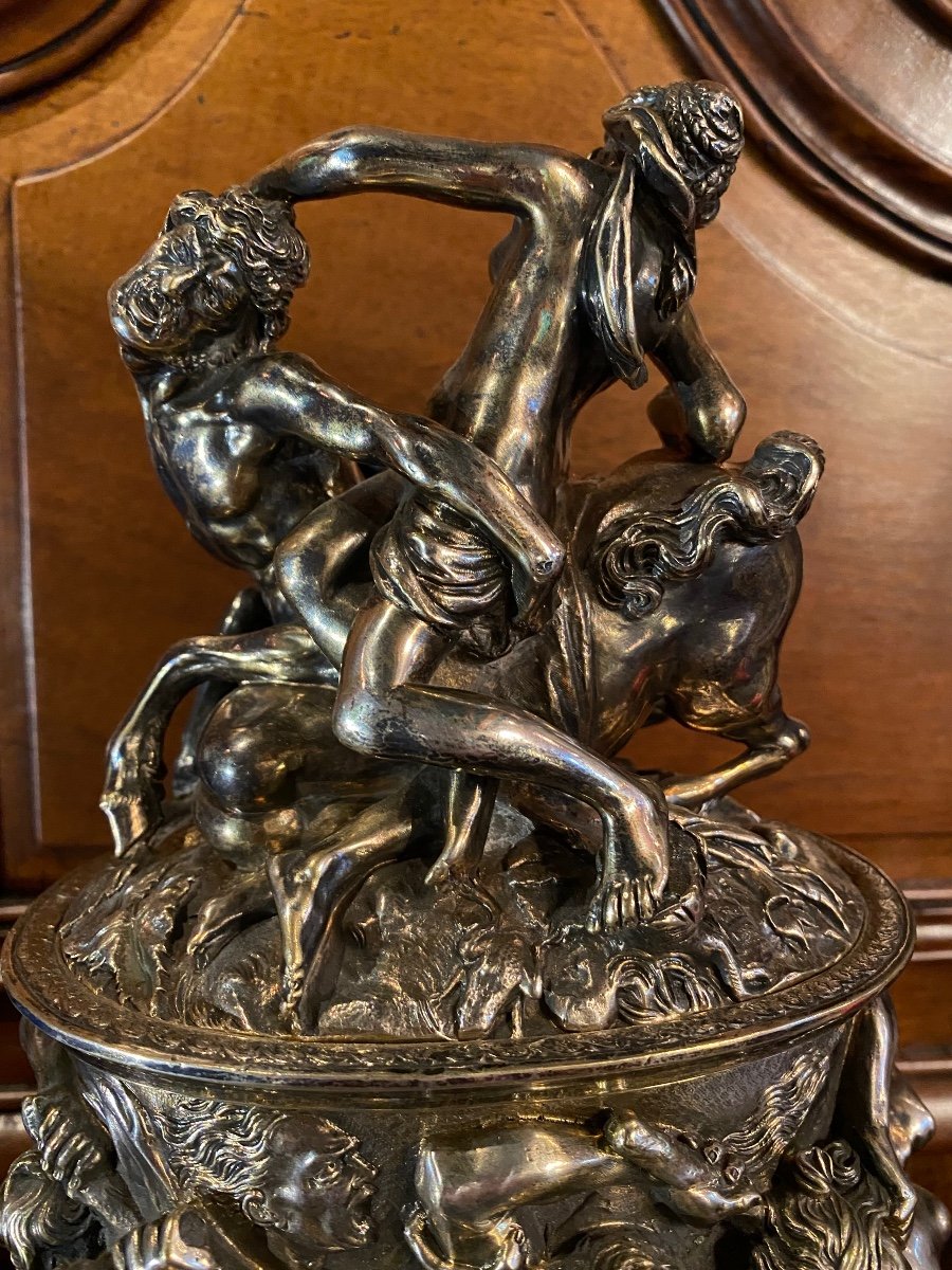 Le Combat Des Centaures Et Des Lapithes, Grand Pot Couvert En Bronze Argenté Du XIX Eme Siècle -photo-2