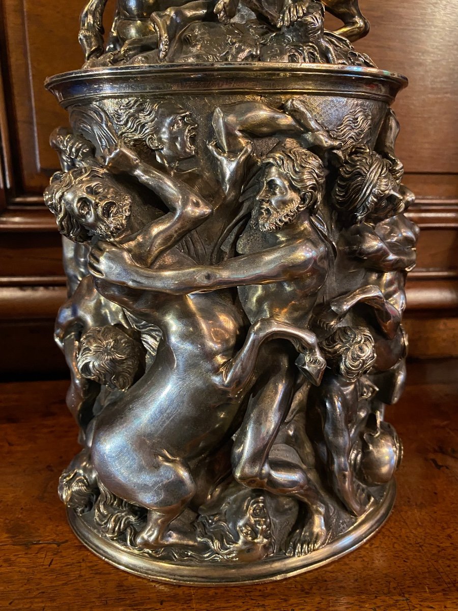 Le Combat Des Centaures Et Des Lapithes, Grand Pot Couvert En Bronze Argenté Du XIX Eme Siècle -photo-3