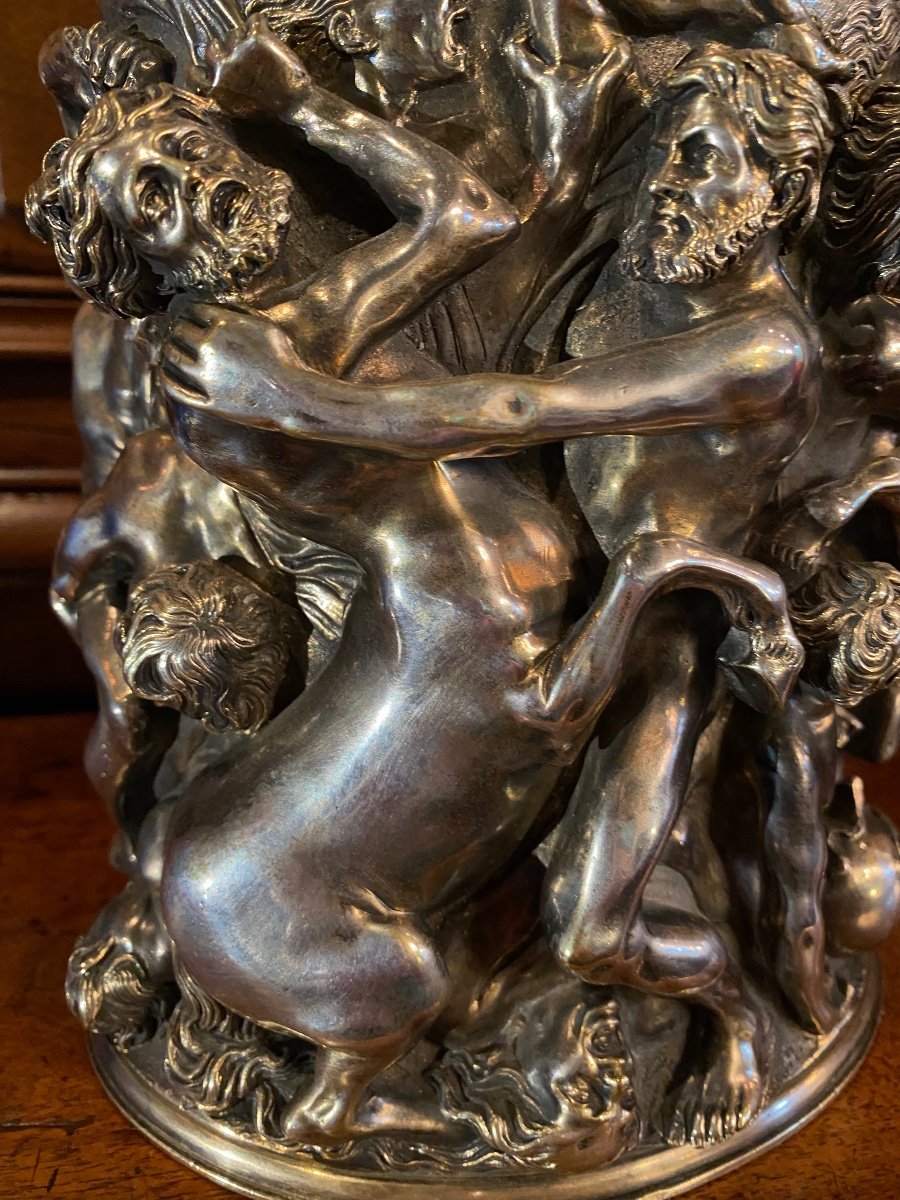 Le Combat Des Centaures Et Des Lapithes, Grand Pot Couvert En Bronze Argenté Du XIX Eme Siècle -photo-4