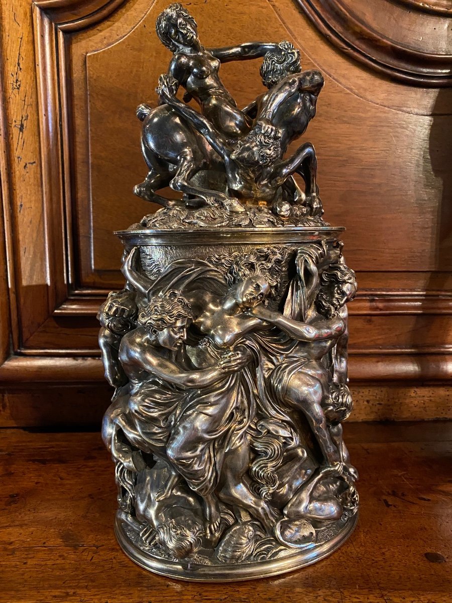 Le Combat Des Centaures Et Des Lapithes, Grand Pot Couvert En Bronze Argenté Du XIX Eme Siècle -photo-5