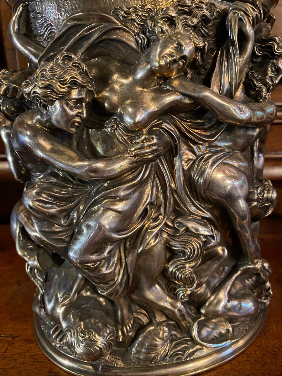 Le Combat Des Centaures Et Des Lapithes, Grand Pot Couvert En Bronze Argenté Du XIX Eme Siècle -photo-6
