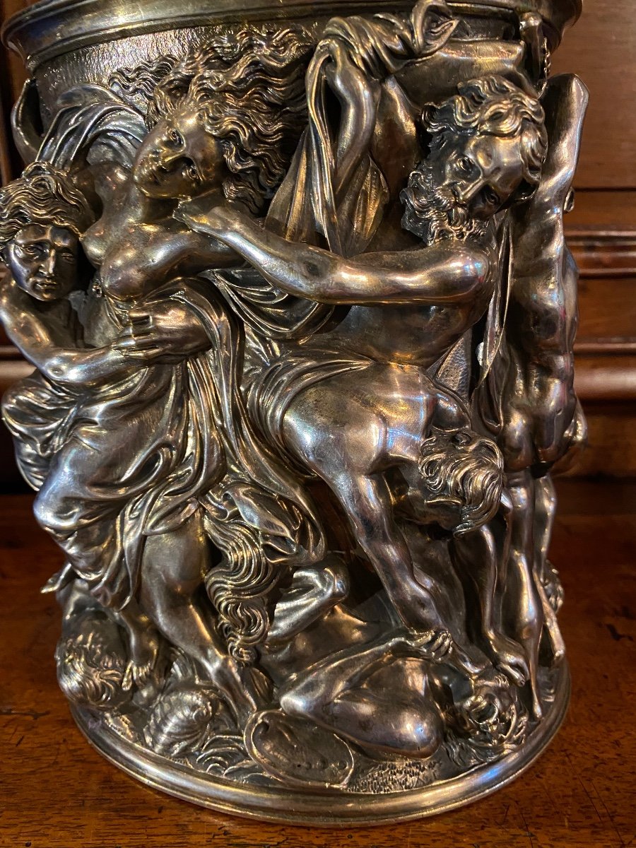 Le Combat Des Centaures Et Des Lapithes, Grand Pot Couvert En Bronze Argenté Du XIX Eme Siècle -photo-7