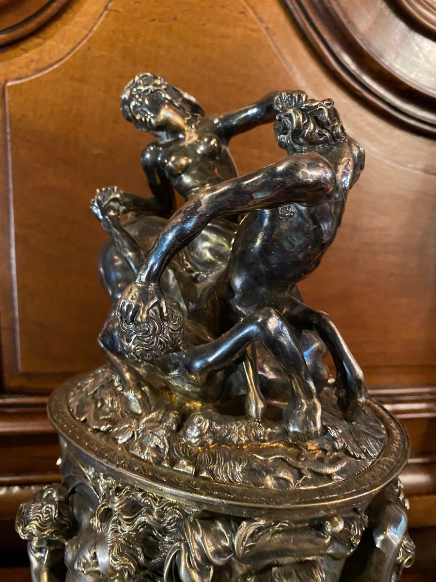 Le Combat Des Centaures Et Des Lapithes, Grand Pot Couvert En Bronze Argenté Du XIX Eme Siècle -photo-8