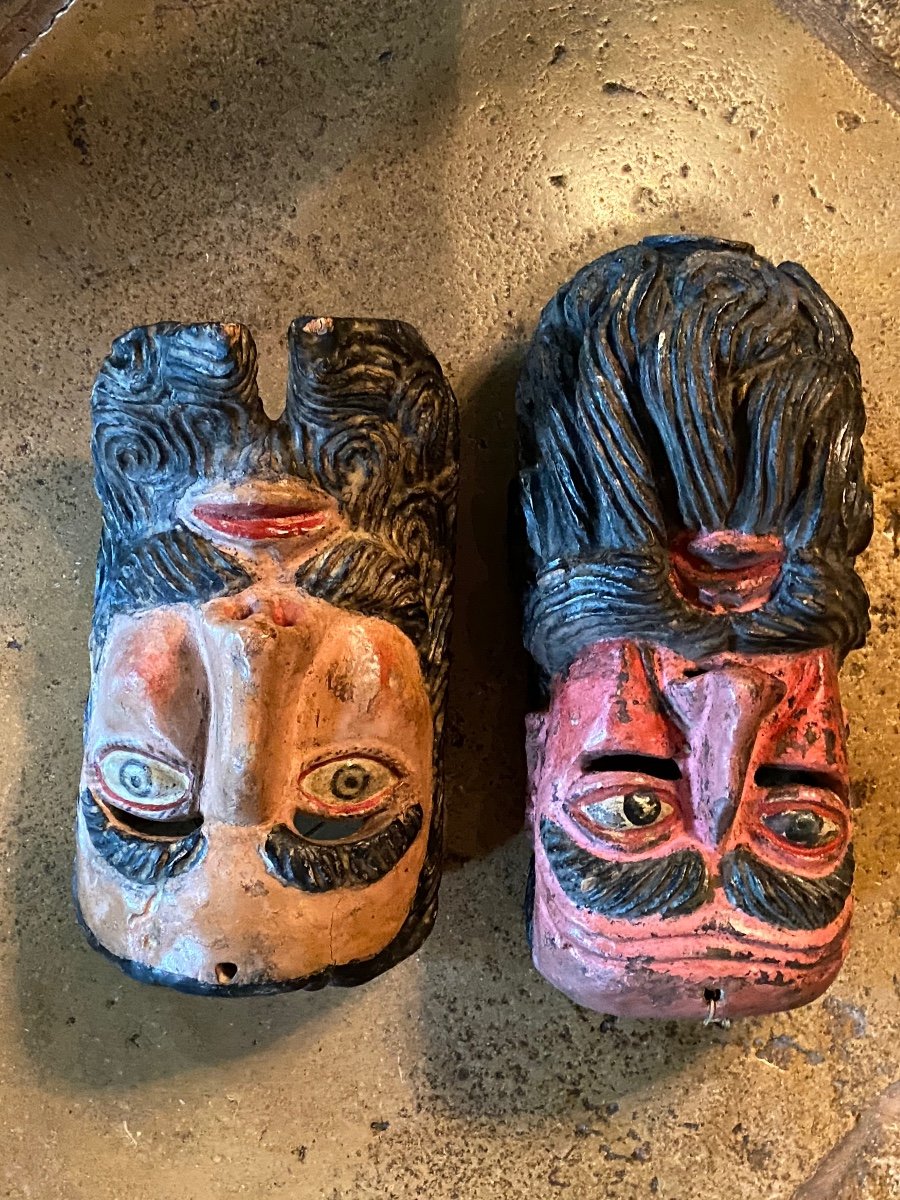 Popular Art From Mexico Or Guatemala, Two Conquistador Masks Early 20th Century-photo-3