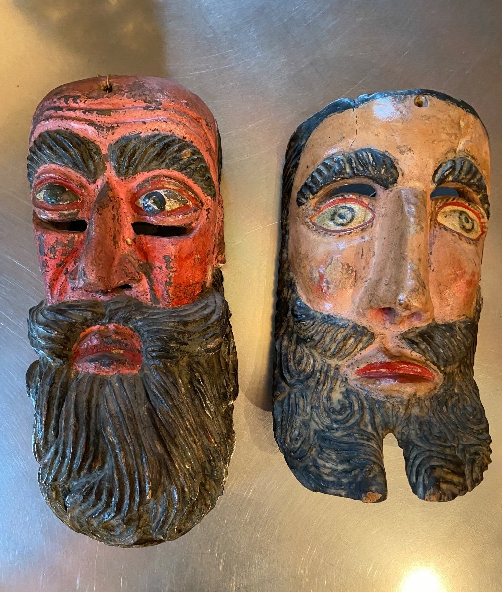 Popular Art From Mexico Or Guatemala, Two Conquistador Masks Early 20th Century
