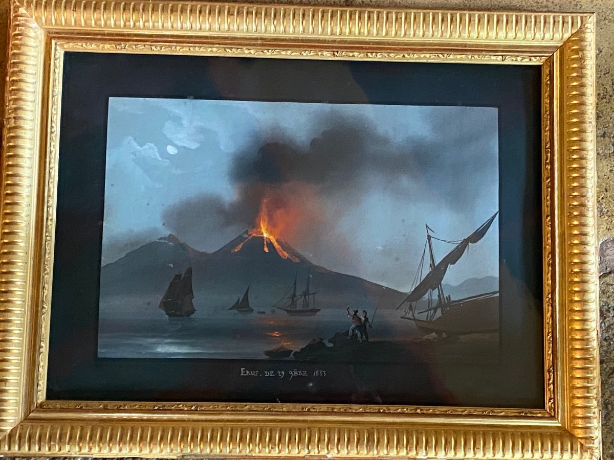 éruption Nocturne Du Vésuve De 1833, Grande Gouache De Naples Encas -photo-2