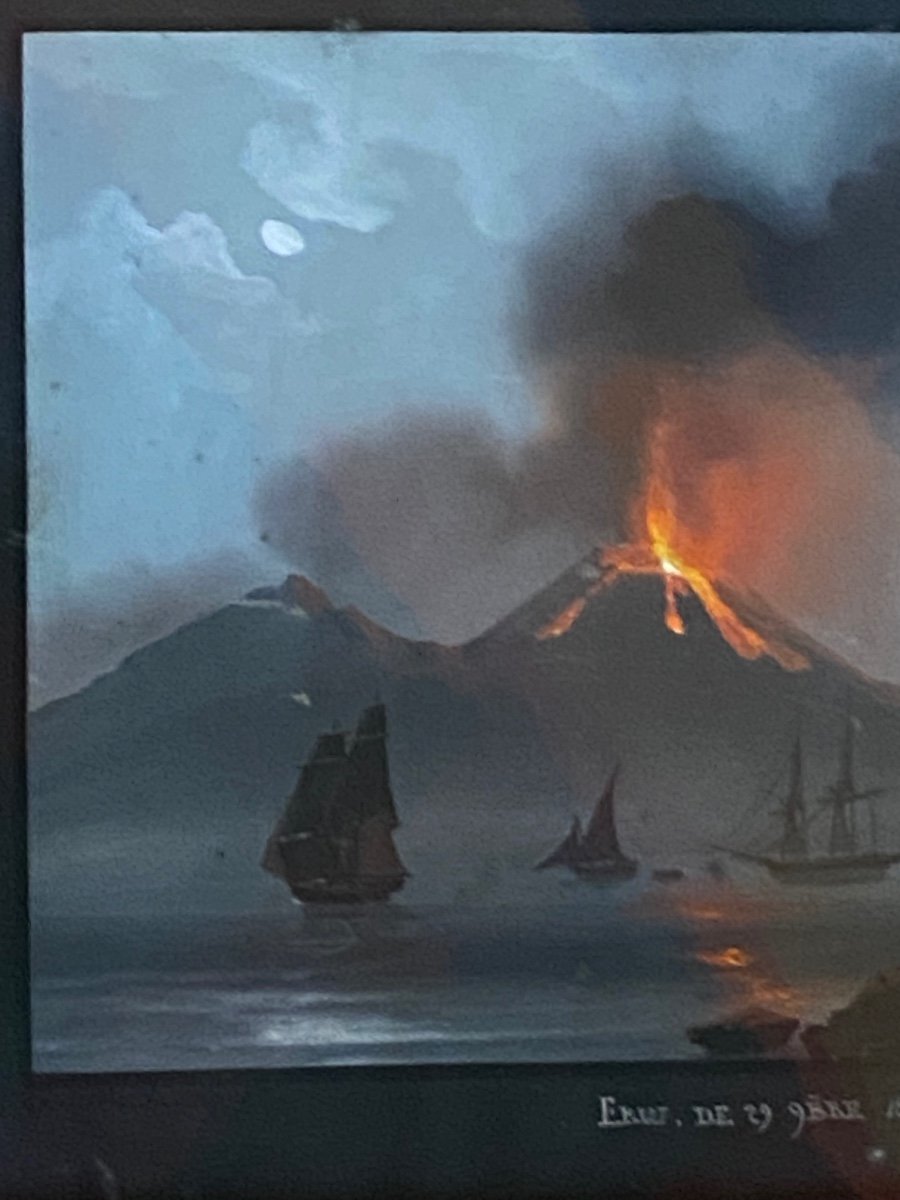 éruption Nocturne Du Vésuve De 1833, Grande Gouache De Naples Encas -photo-1