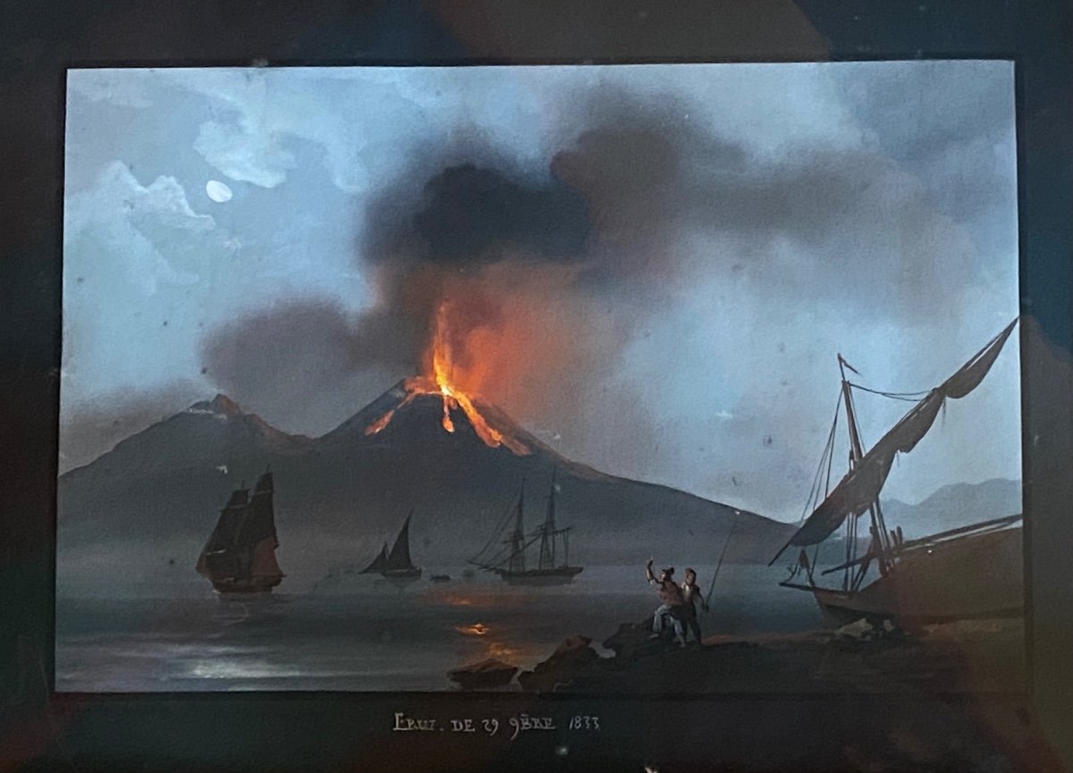 éruption Nocturne Du Vésuve De 1833, Grande Gouache De Naples Encas -photo-4