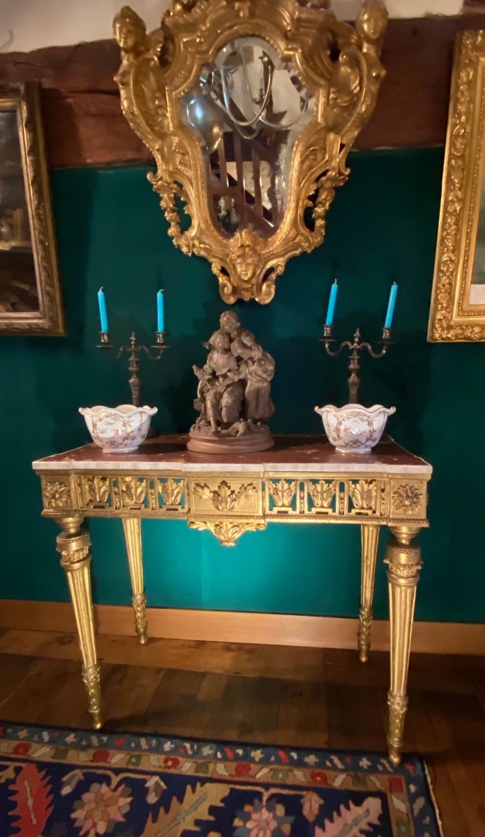 Console italienne D’époque Louis XVI à Ressaut En Bois Doré Et Plateau De Faux Marbre -photo-4