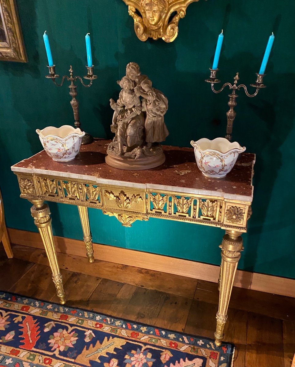 Console italienne D’époque Louis XVI à Ressaut En Bois Doré Et Plateau De Faux Marbre -photo-5